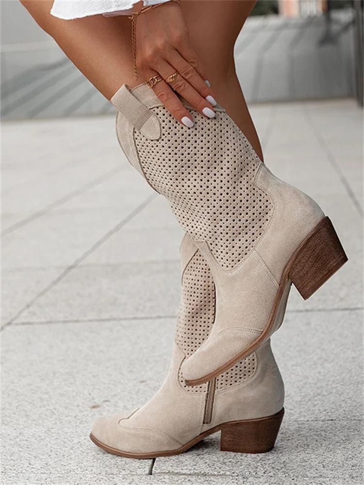 Chloe Cowboy Boots with Block Heel and Perforated Shaft - Khaki