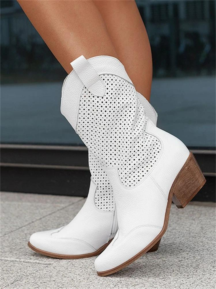 Chloe Cowboy Boots with Block Heel and Perforated Shaft - White