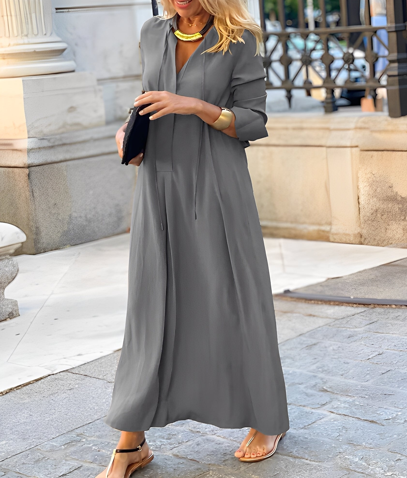 Christelle Relaxed Maxi Dress with Long Sleeves - Gray