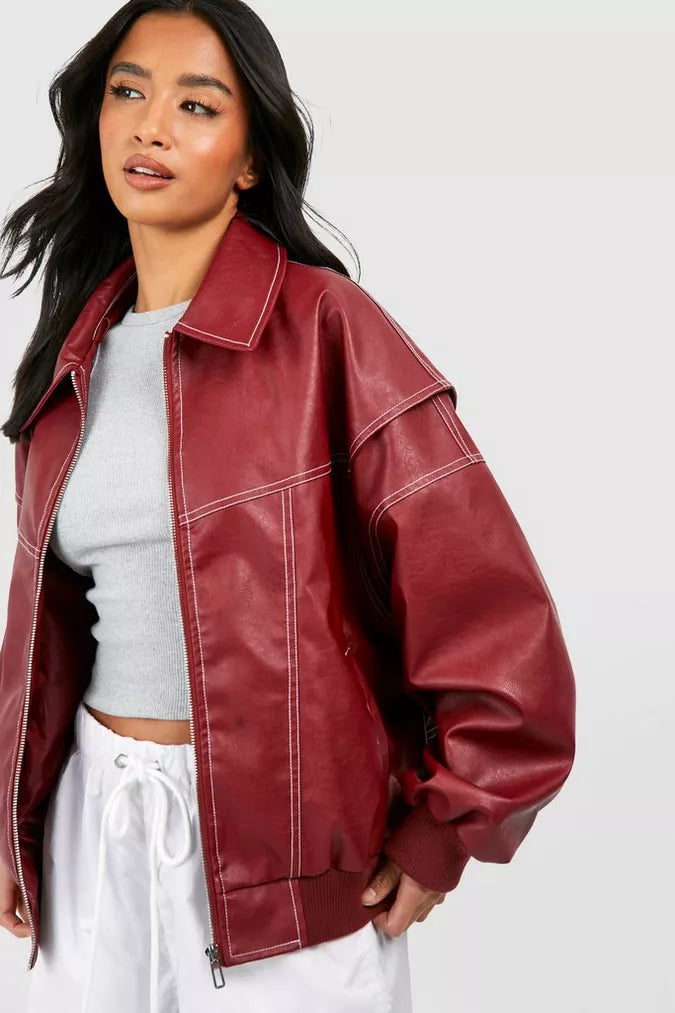 Clara Oversized Bomber Jacket with Ribbed Trim - Burgundy