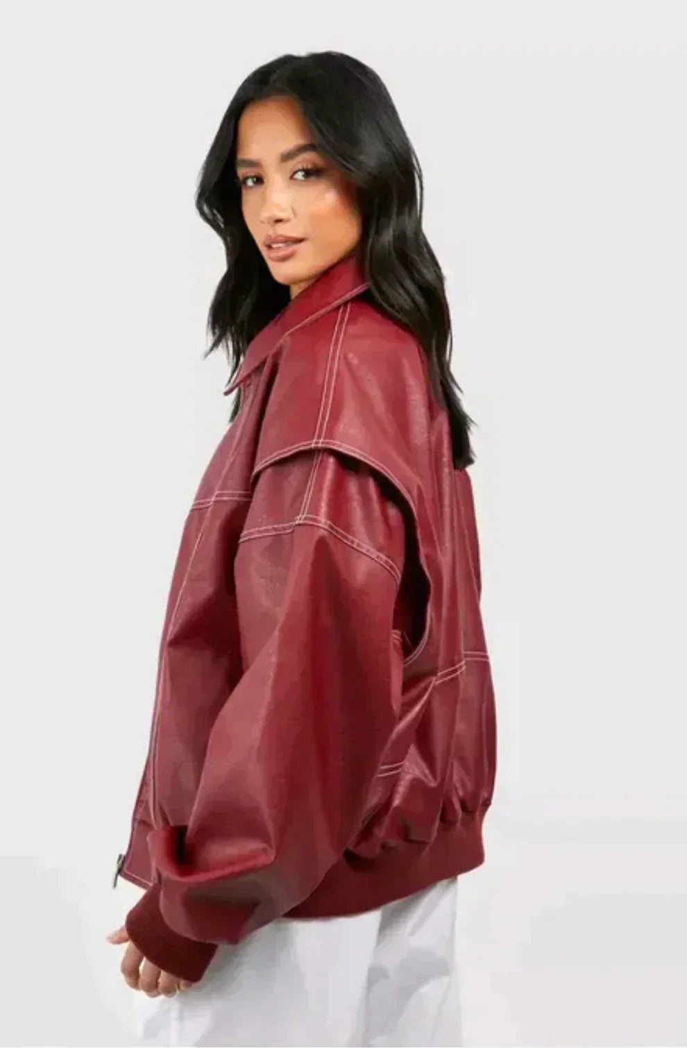 Clara Oversized Bomber Jacket with Ribbed Trim - Burgundy