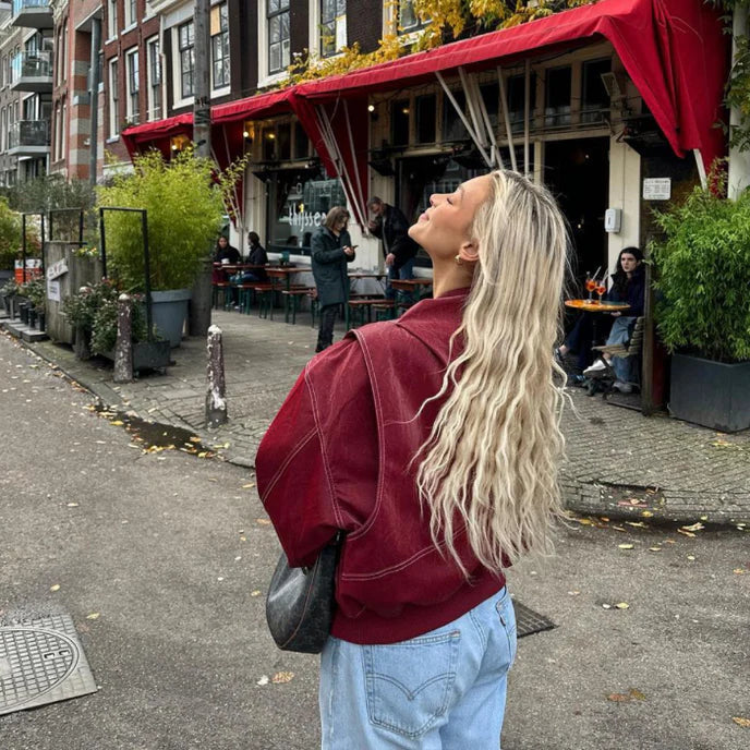 Clara Oversized Bomber Jacket with Ribbed Trim - Burgundy