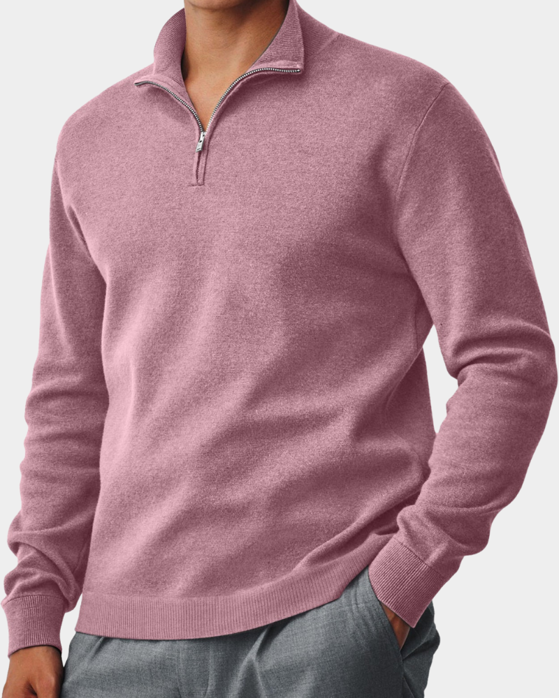 Corbin Men's Quarter Zip Sweater with Ribbed Collar - Pink
