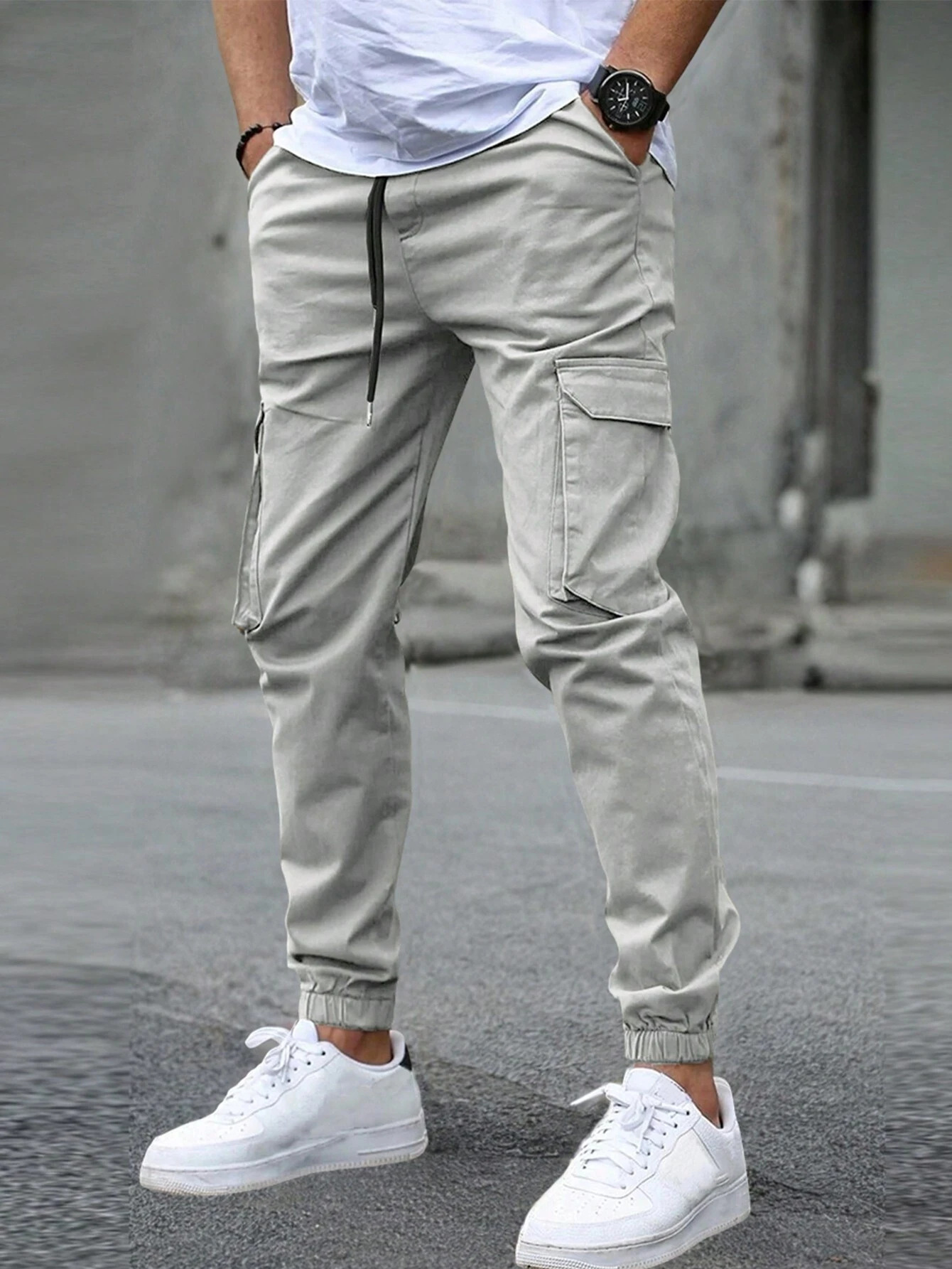 Cyrus Men's Cargo Joggers with Side Pockets and Ankle Cuffs - Light Gray