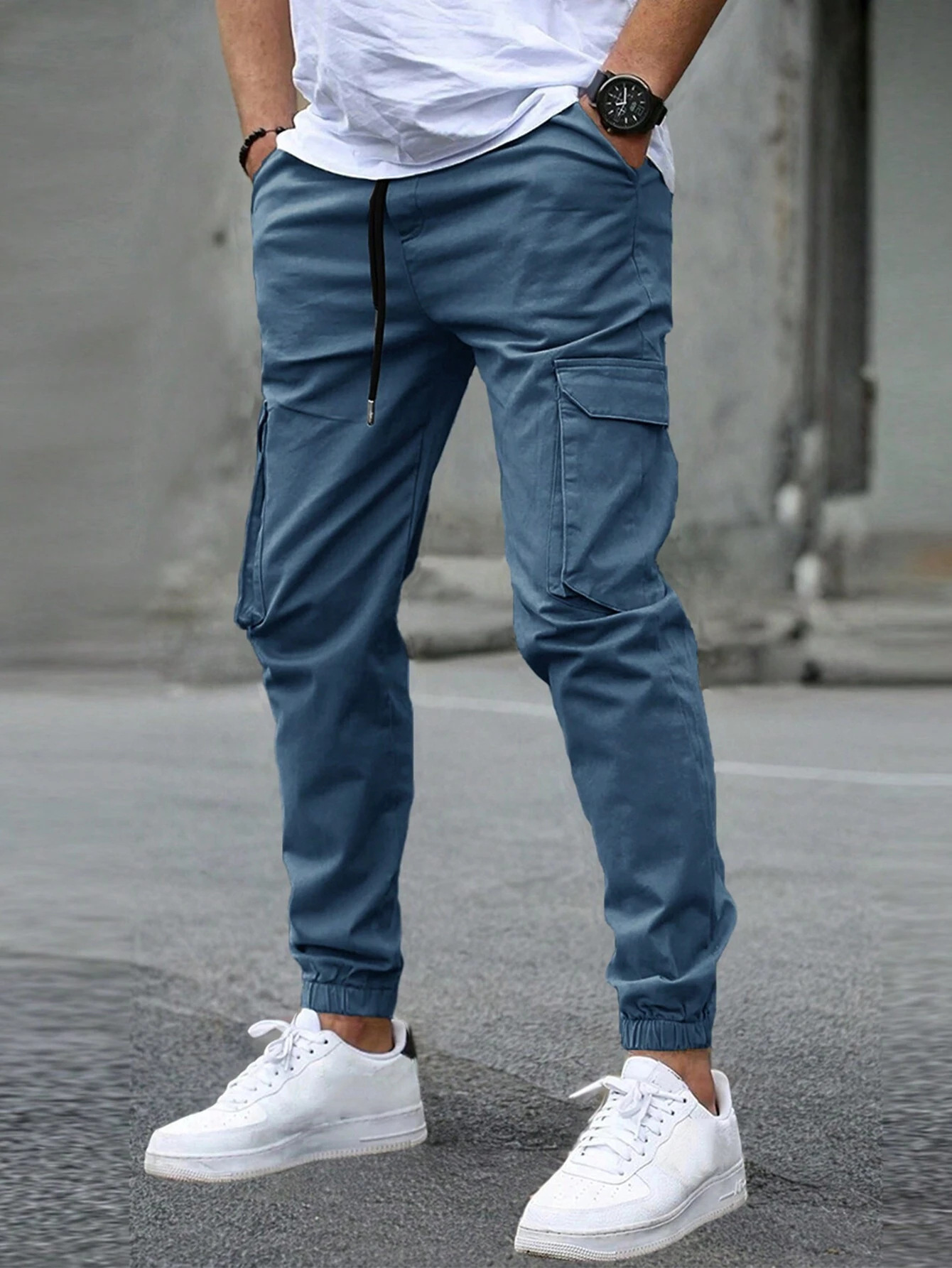 Cyrus Men's Cargo Joggers with Side Pockets and Ankle Cuffs - Blue