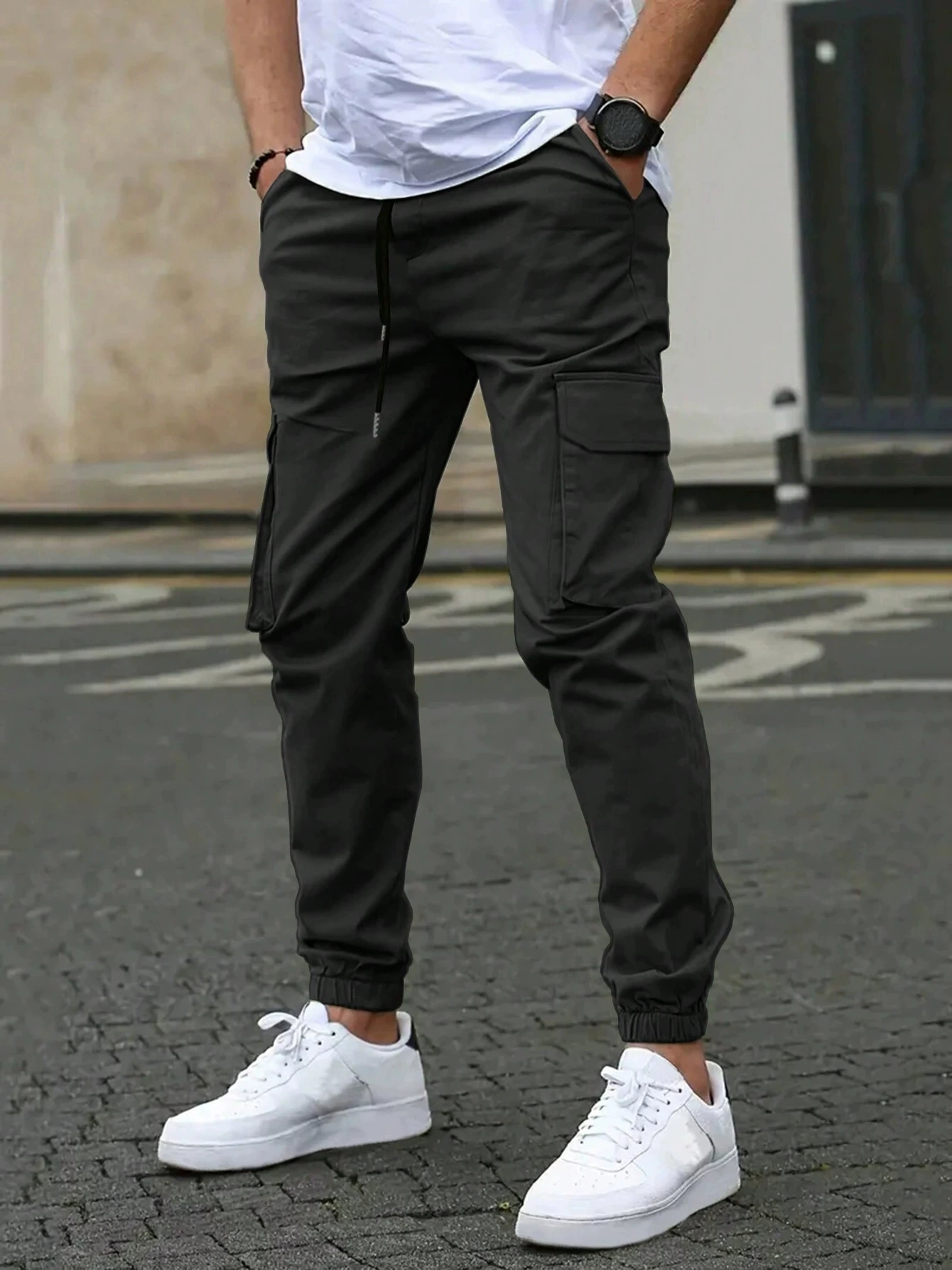 Cyrus Men's Cargo Joggers with Side Pockets and Ankle Cuffs - Black