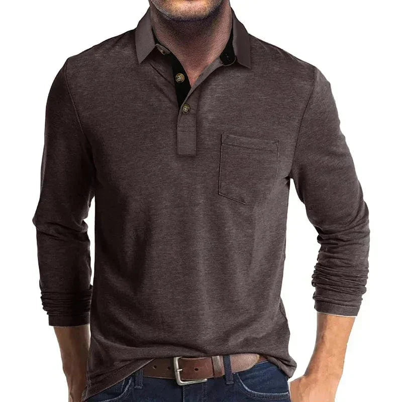 Daniel Men's Long Sleeve Polo Shirt with Tipped Collar - Dark Brown
