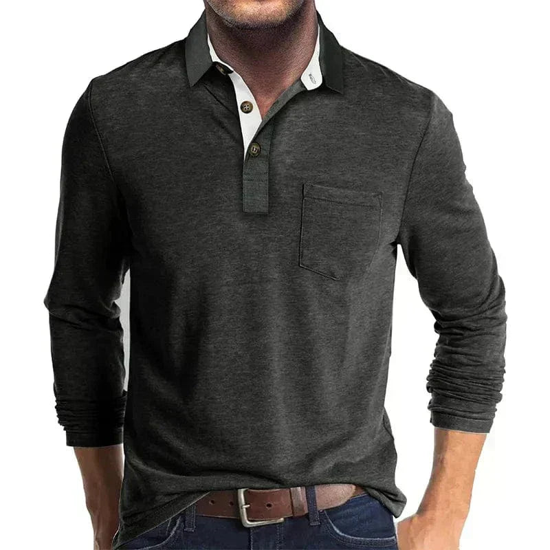 Daniel Men's Long Sleeve Polo Shirt with Tipped Collar - Dark Gray