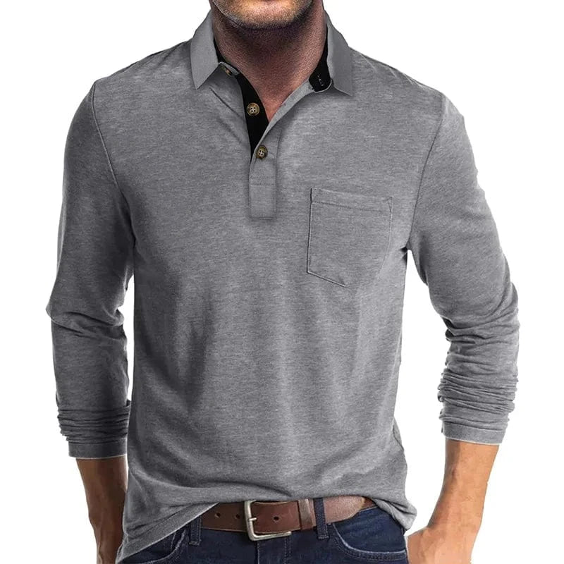 Daniel Men's Long Sleeve Polo Shirt with Tipped Collar - Light Gray