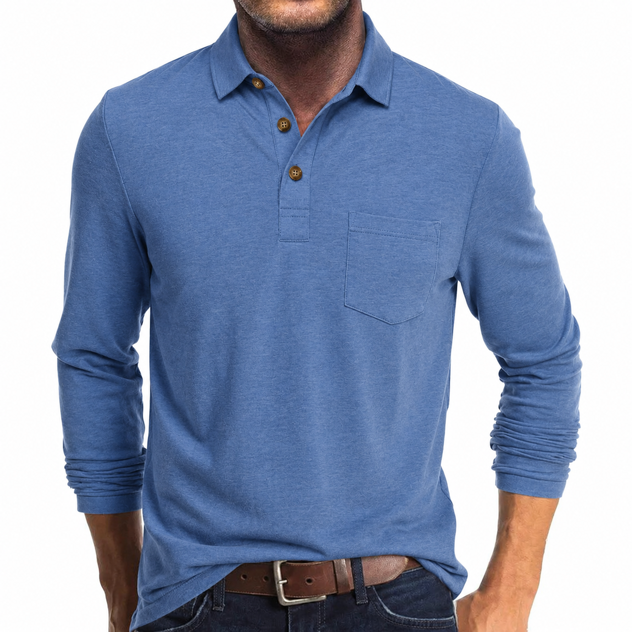 Daniel Men's Long Sleeve Polo Shirt with Tipped Collar - Light Blue