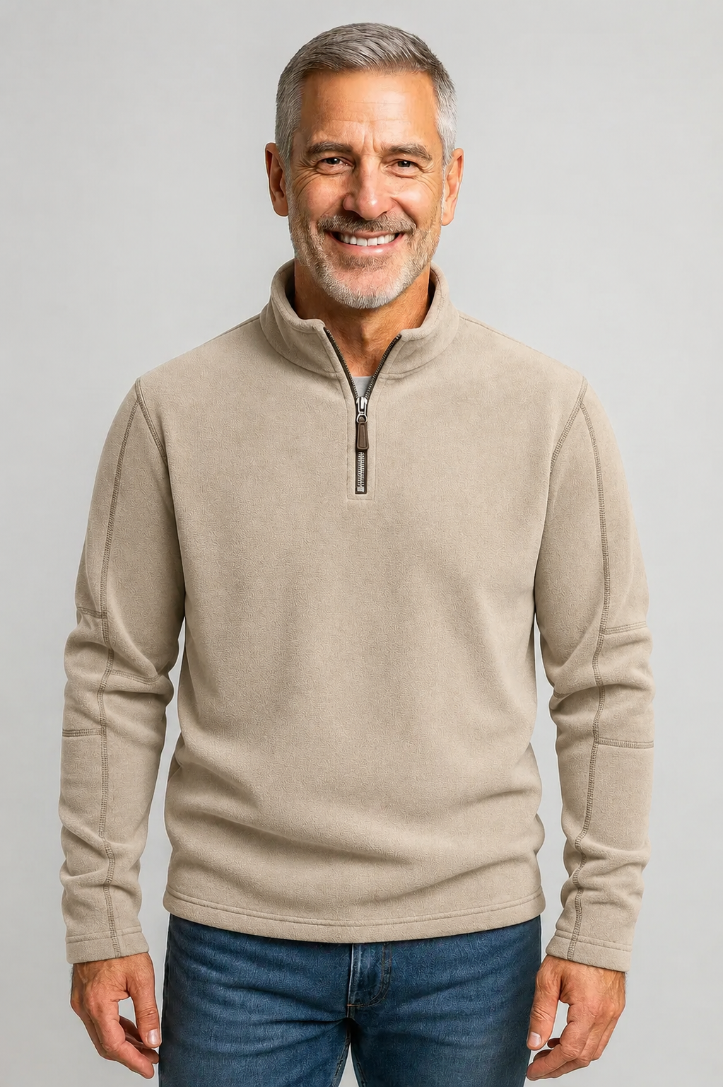 Danny Men's Fleece Pullover with Zip Collar and Straight Body - Khaki