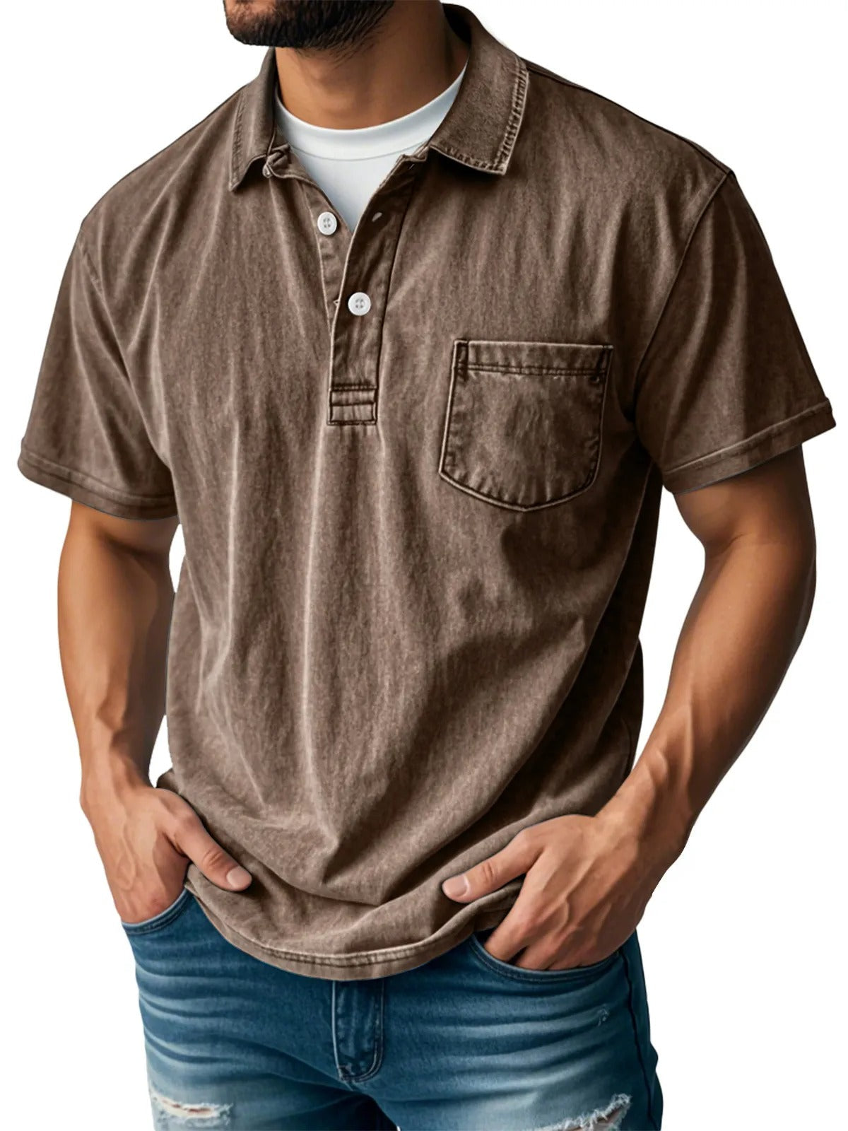 Donald Men's Short Sleeve Polo Shirt with Two-Button Placket - Brown