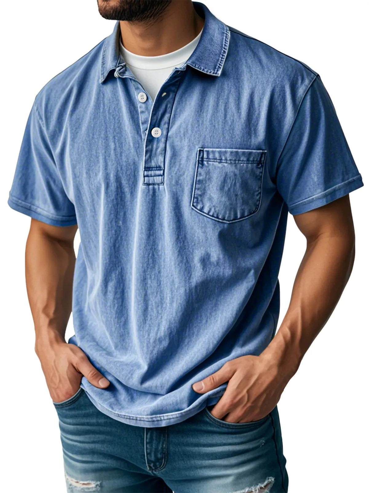 Donald Men's Short Sleeve Polo Shirt with Two-Button Placket - Blue