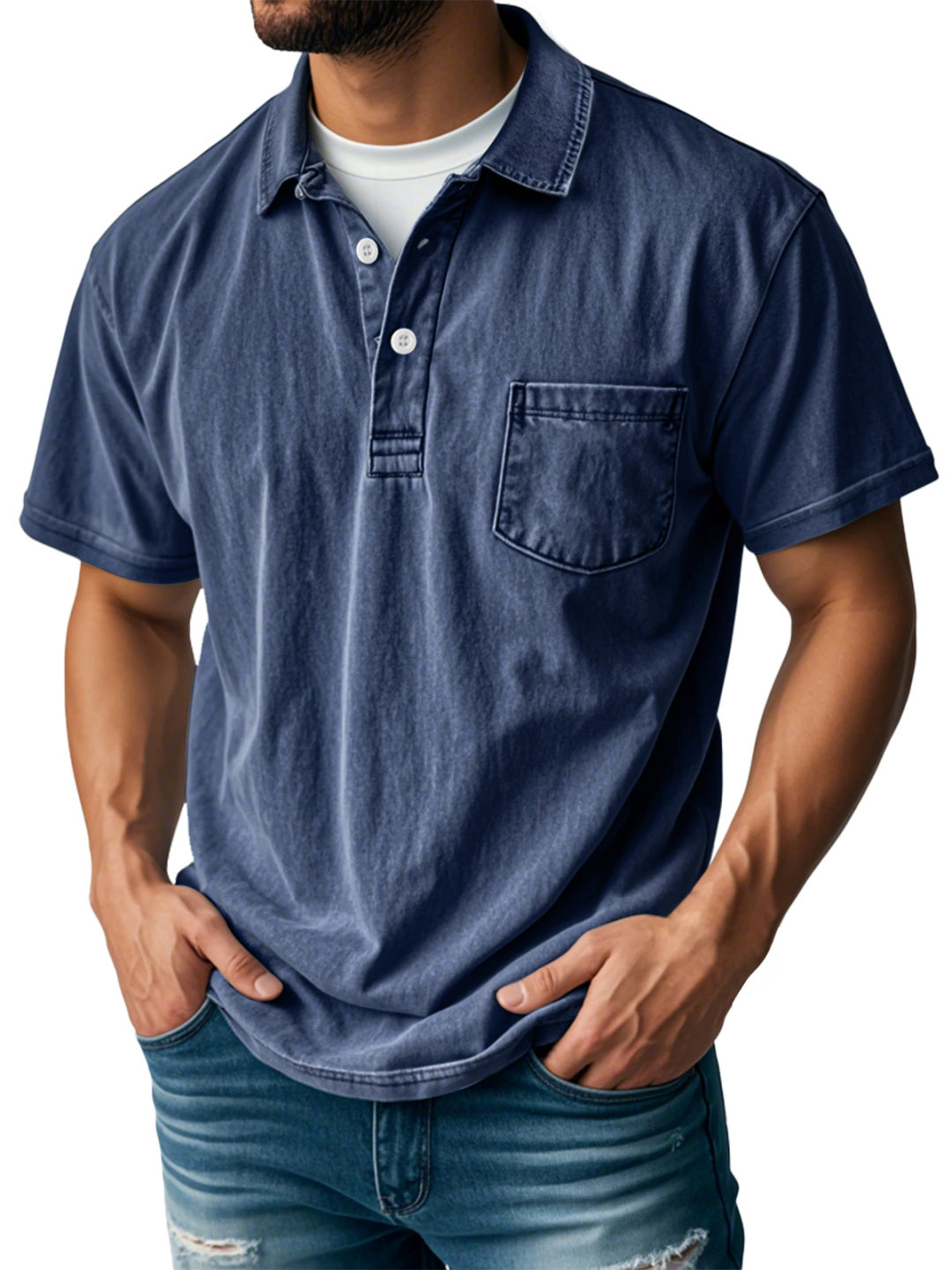 Donald Men's Short Sleeve Polo Shirt with Two-Button Placket - Navy