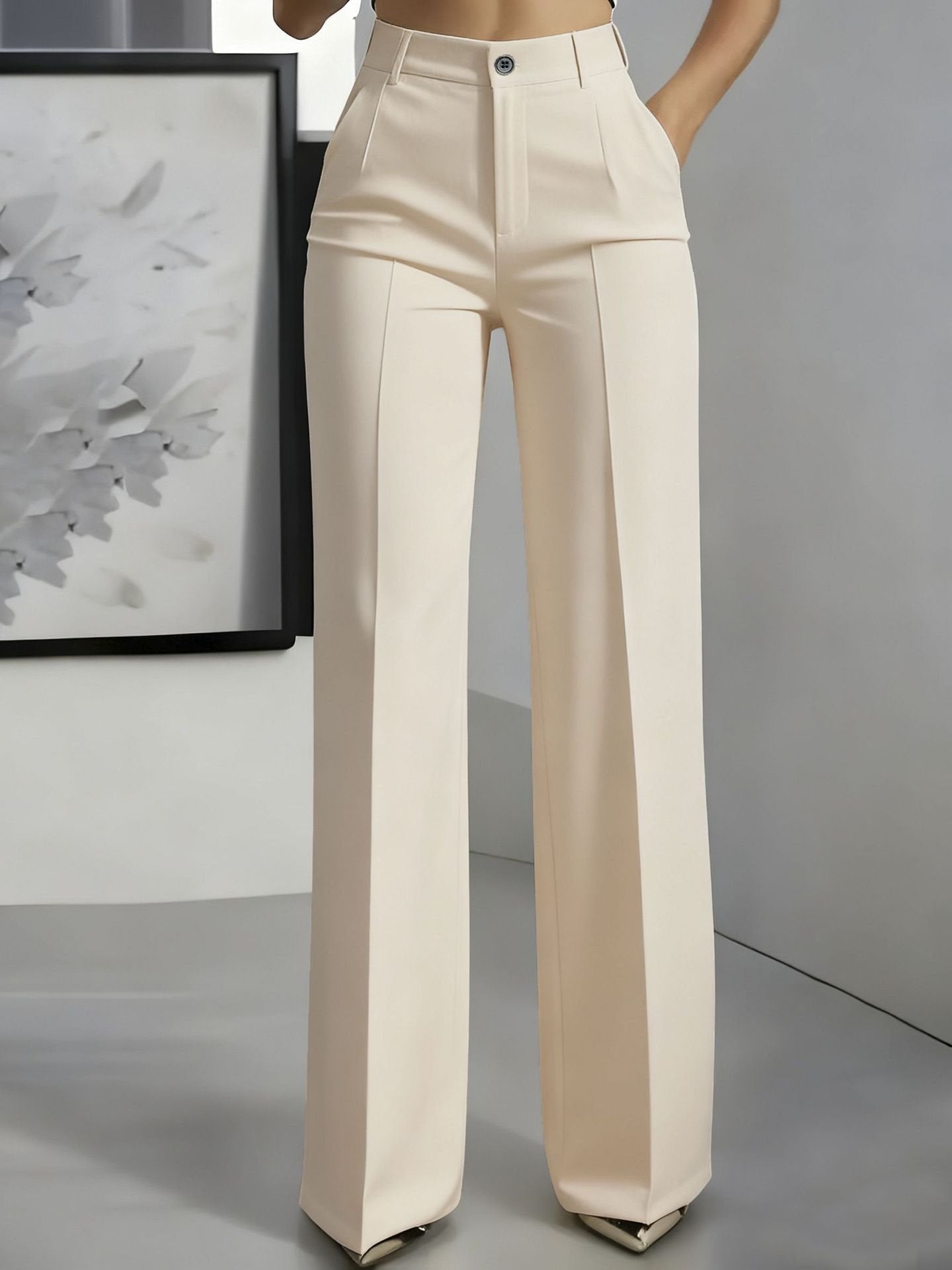 Donna High Waist Wide Leg Trousers with Pressed Crease - Apricot