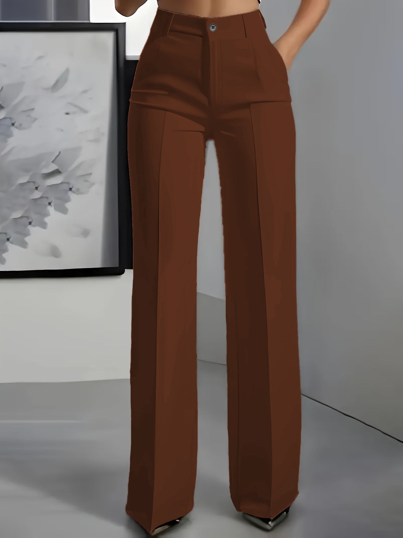 Donna High Waist Wide Leg Trousers with Pressed Crease - Brown