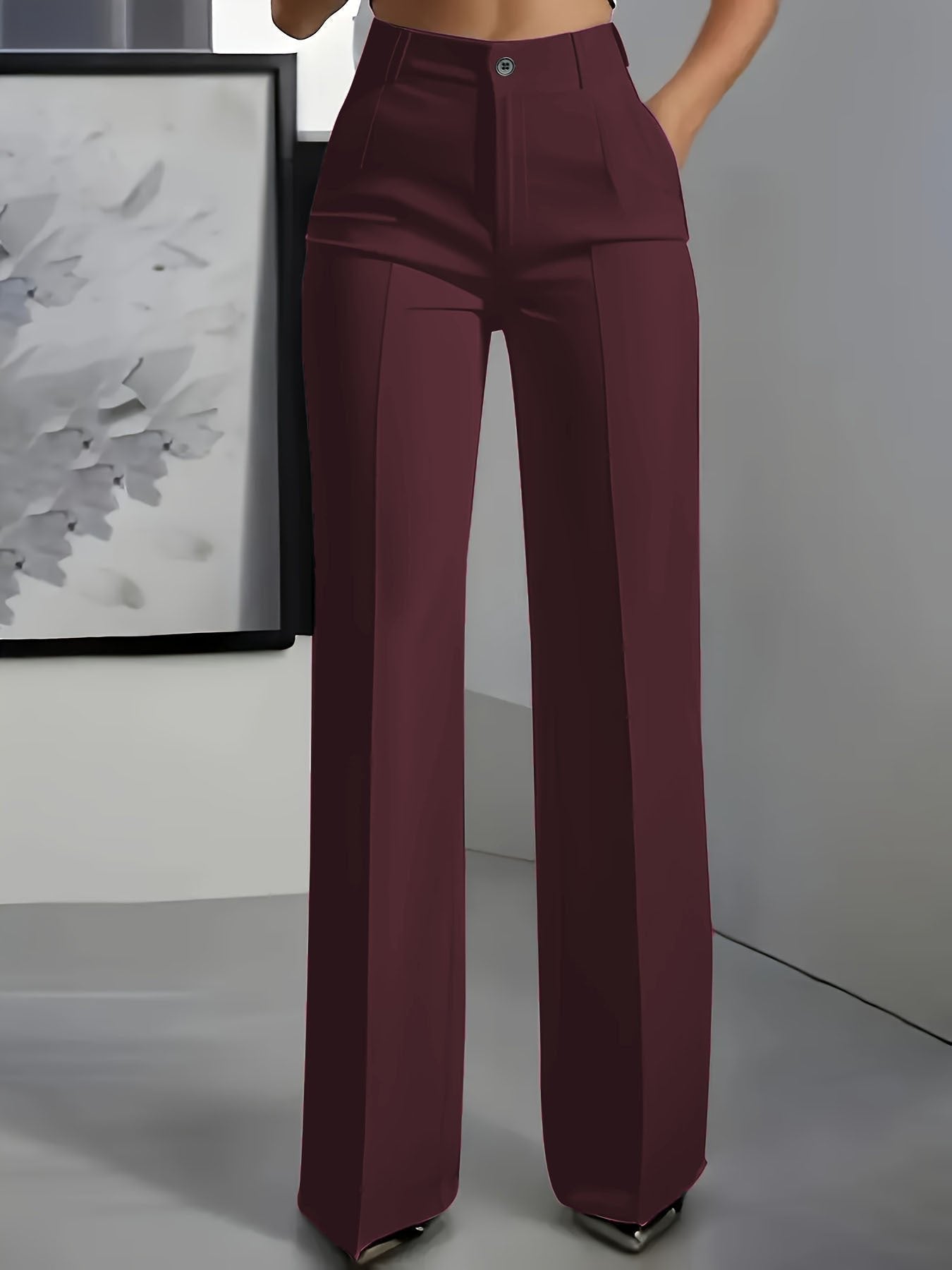 Donna High Waist Wide Leg Trousers with Pressed Crease - Red