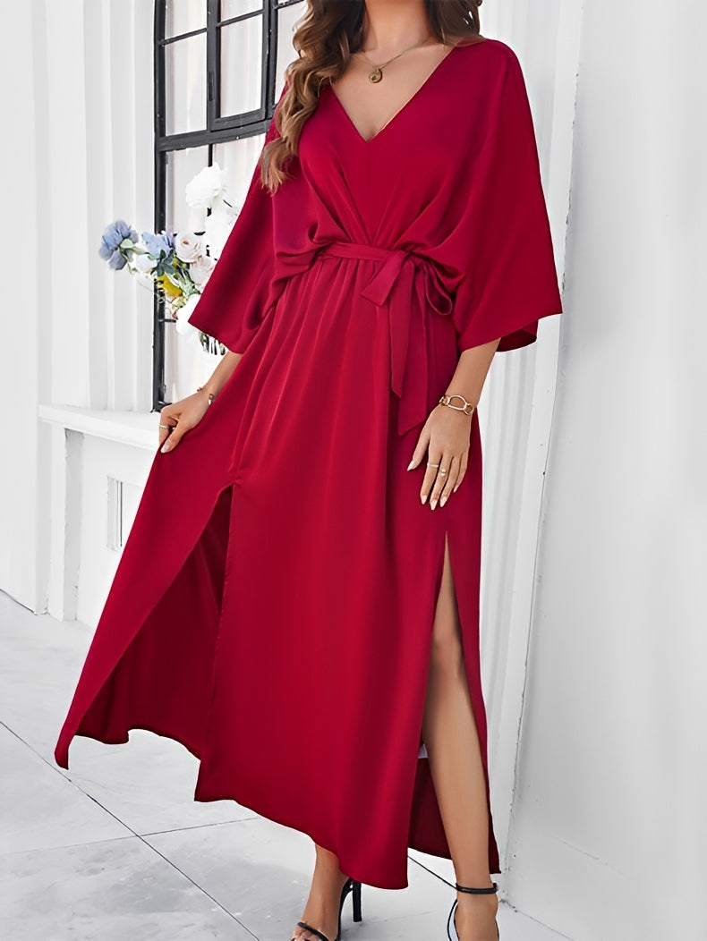 Elea Maxi Dress with Waist Tie and Short Sleeves - Red