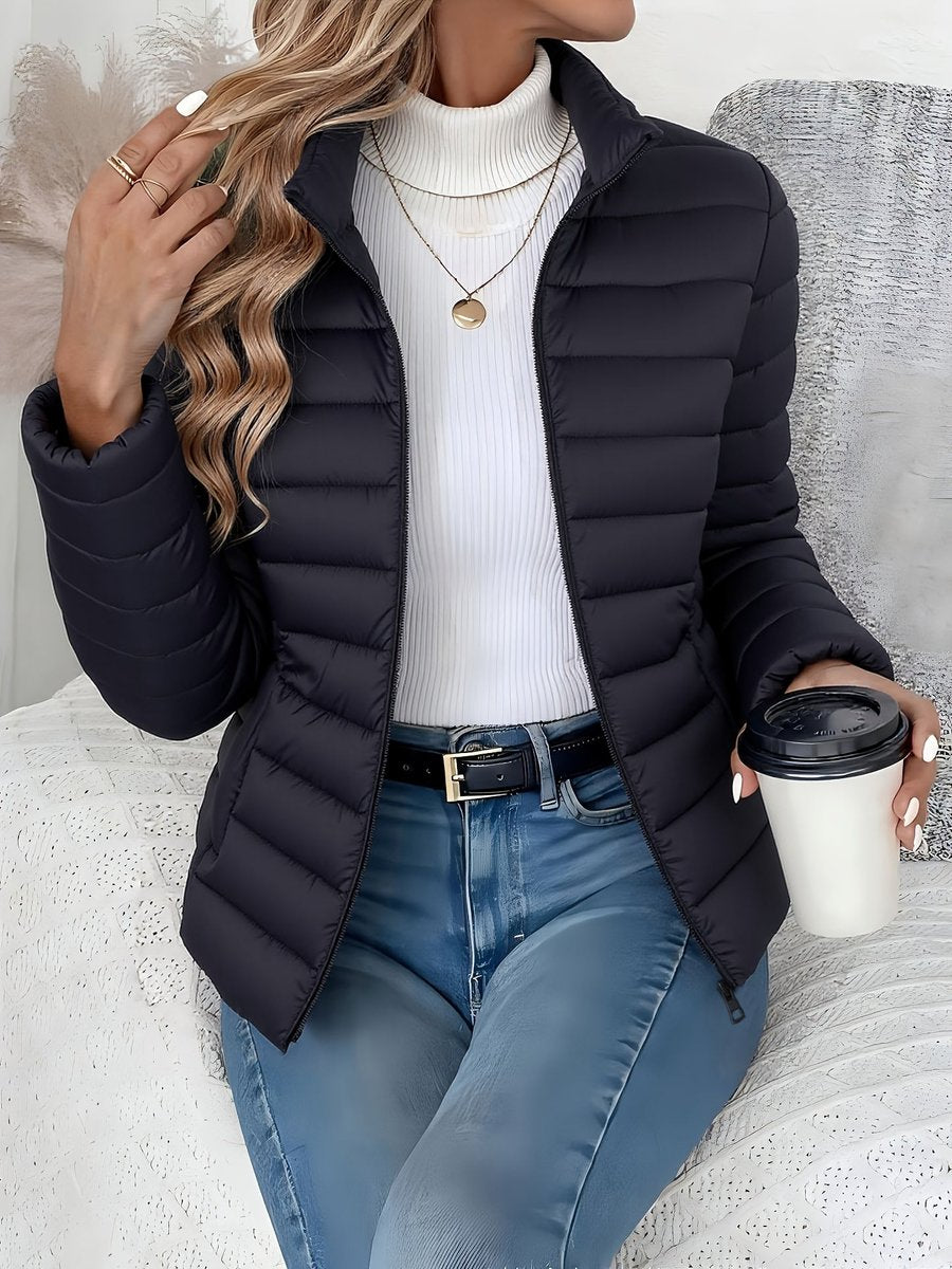 Eleana Quilted Puffer Jacket with Stand Collar and Hip Pockets - Black