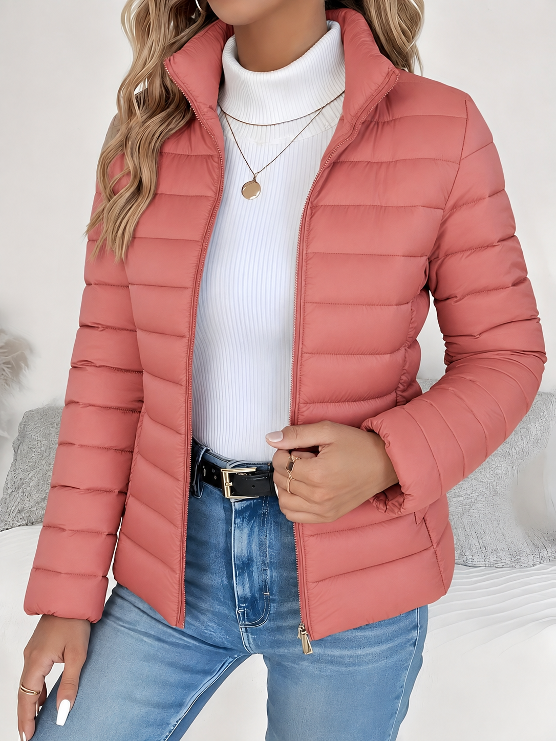 Eleana Quilted Puffer Jacket with Stand Collar and Hip Pockets - Pink