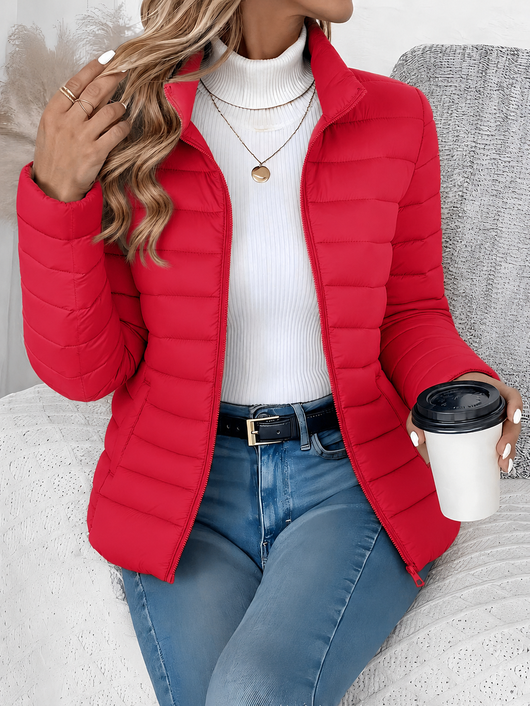 Eleana Quilted Puffer Jacket with Stand Collar and Hip Pockets - Red