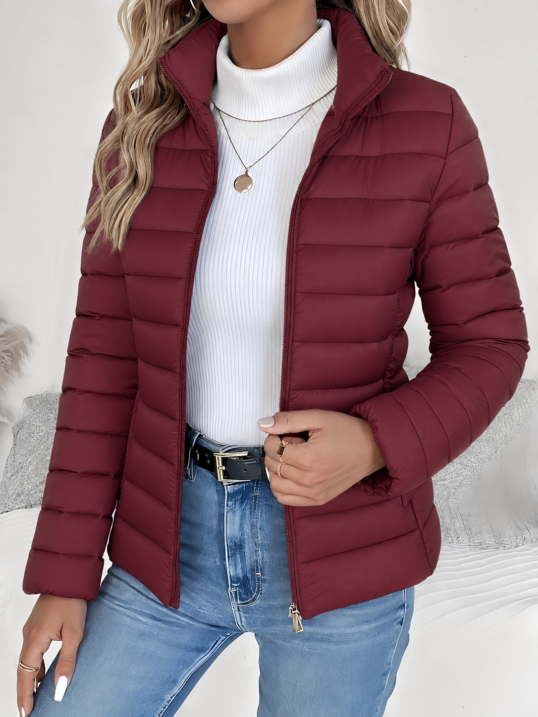 Eleana Quilted Puffer Jacket with Stand Collar and Hip Pockets - Wine Red