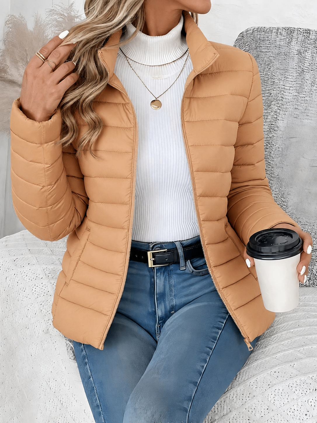 Eleana Quilted Puffer Jacket with Stand Collar and Hip Pockets - Khaki