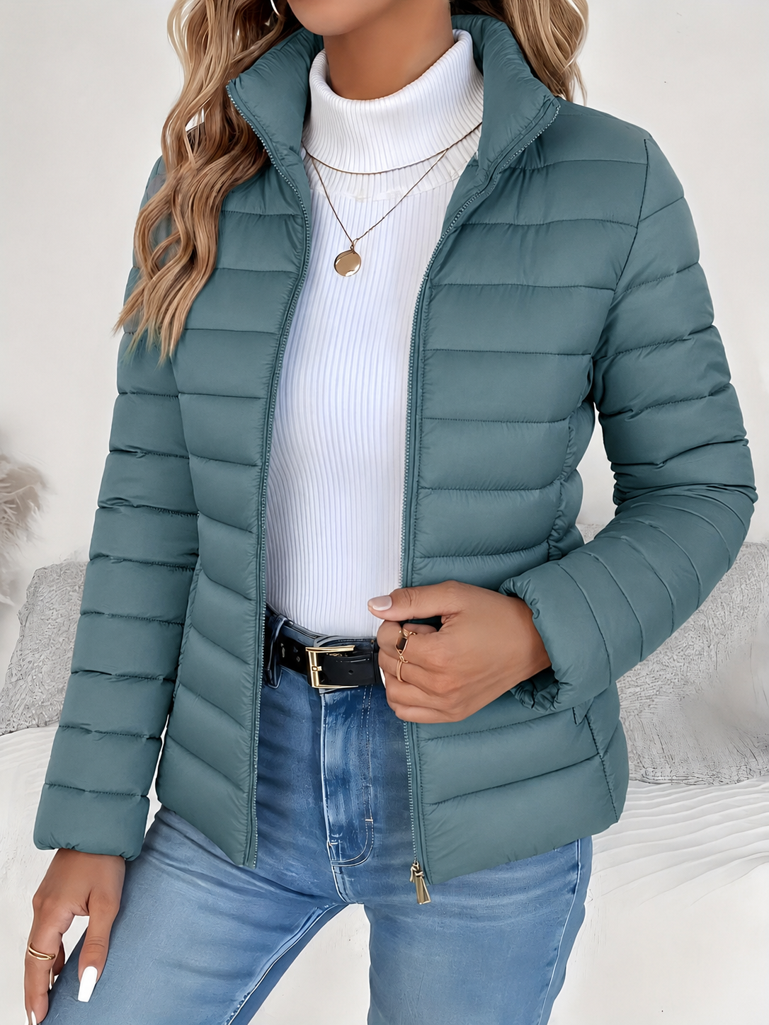 Eleana Quilted Puffer Jacket with Stand Collar and Hip Pockets