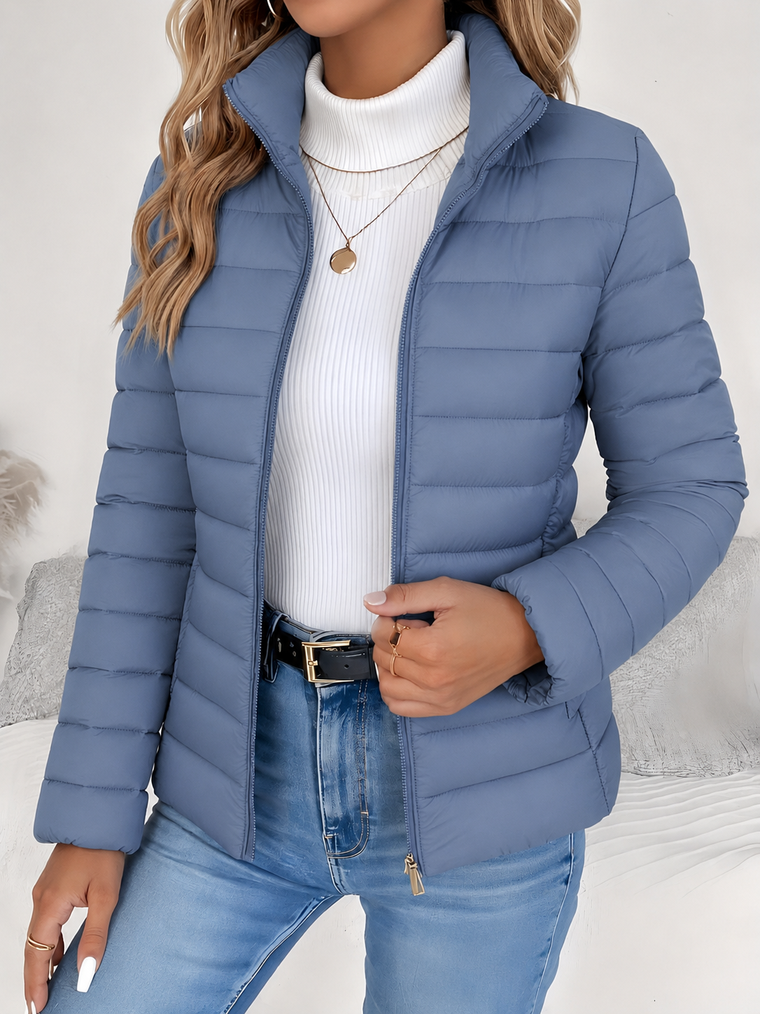 Eleana Quilted Puffer Jacket with Stand Collar and Hip Pockets
