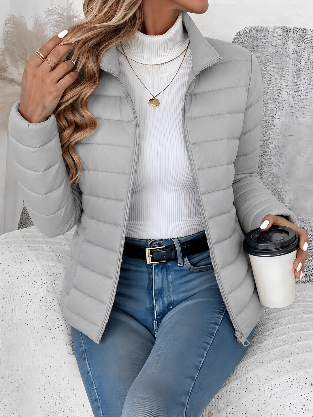 Eleana Quilted Puffer Jacket with Stand Collar and Hip Pockets - Gray