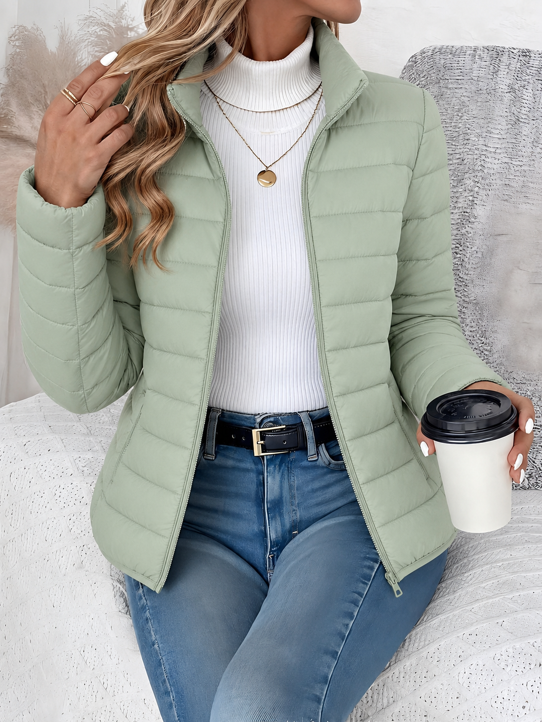 Eleana Quilted Puffer Jacket with Stand Collar and Hip Pockets - Sage Green