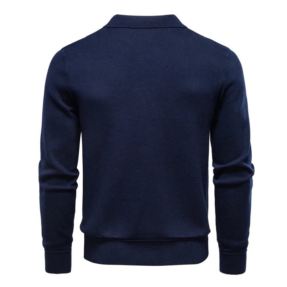 Elix Men's Full Zip Sweater with Polo Collar and Yoke Seam - Navy