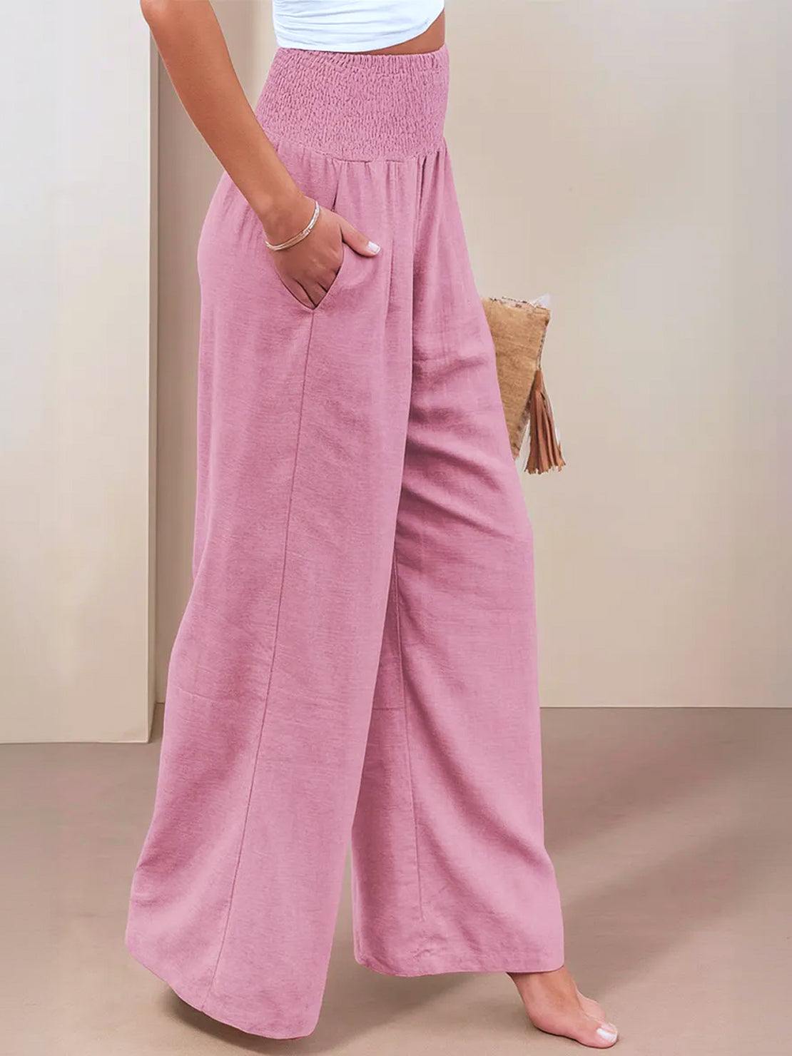 Eliza Wide Leg Trousers with High Waist and Hidden Pockets - Pale Pink