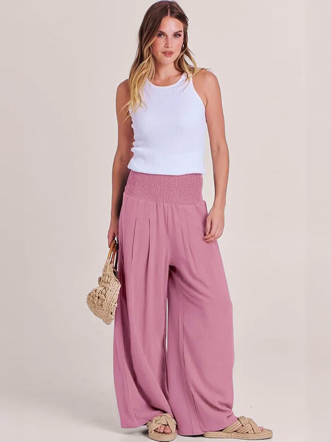 Eliza Wide Leg Trousers with High Waist and Hidden Pockets - Pale Pink