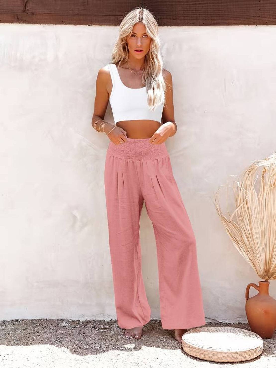 Eliza Wide Leg Trousers with High Waist and Hidden Pockets - Pale Pink