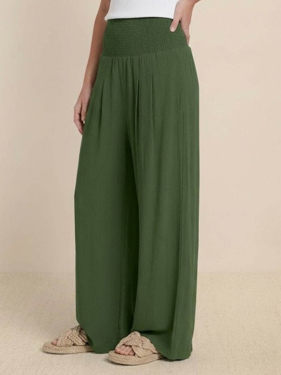Eliza Wide Leg Trousers with High Waist and Hidden Pockets - Army Green