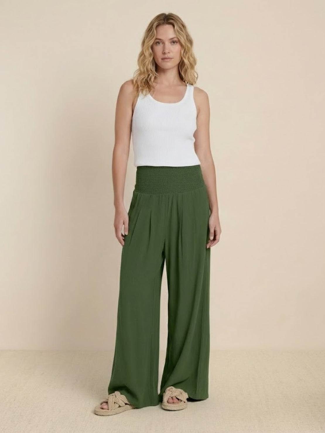 Eliza Wide Leg Trousers with High Waist and Hidden Pockets - Army Green