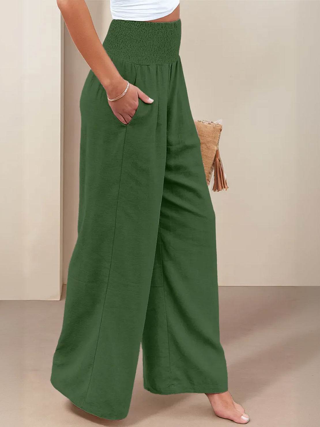 Eliza Wide Leg Trousers with High Waist and Hidden Pockets - Army Green