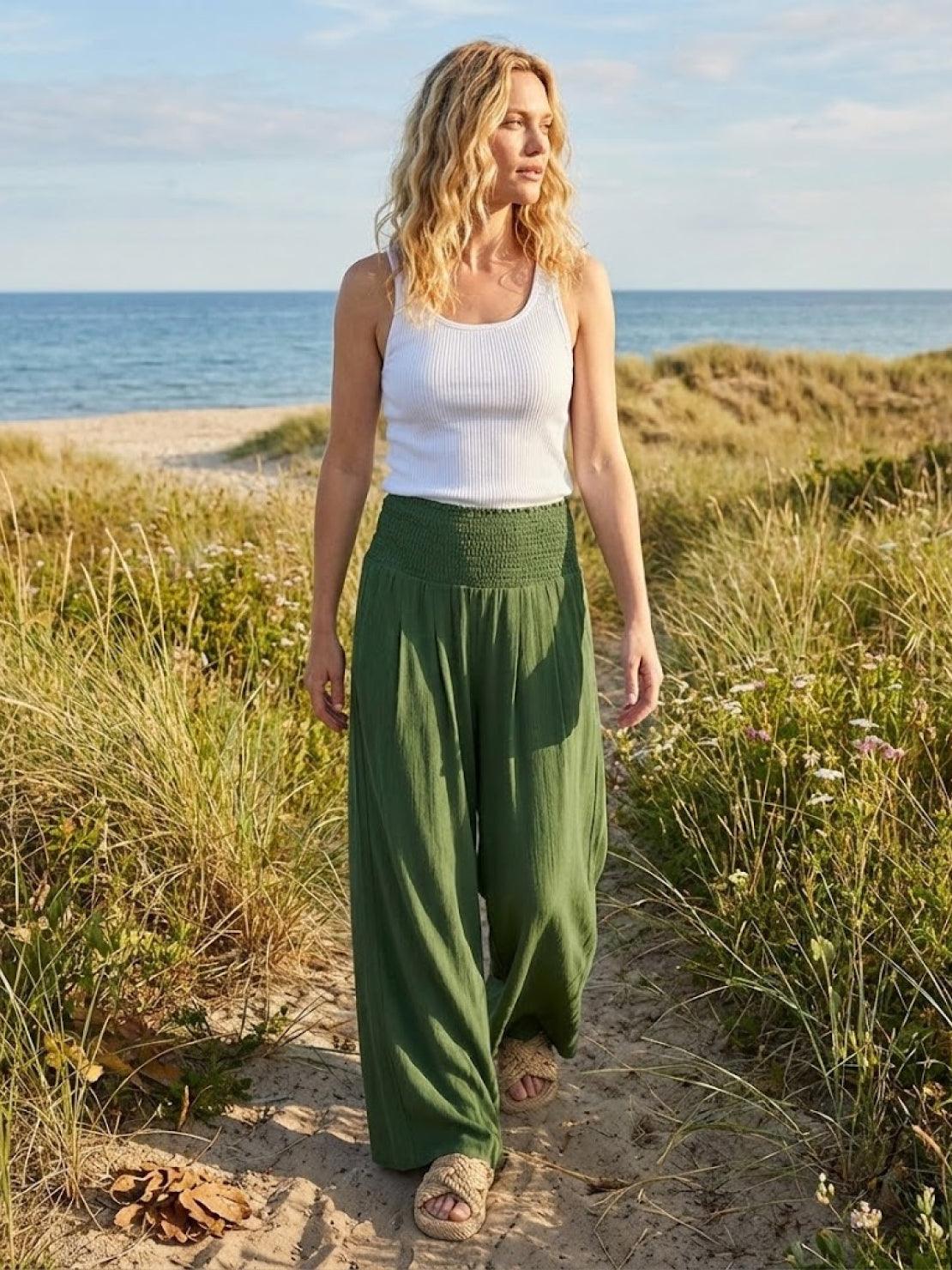 Eliza Wide Leg Trousers with High Waist and Hidden Pockets - Army Green