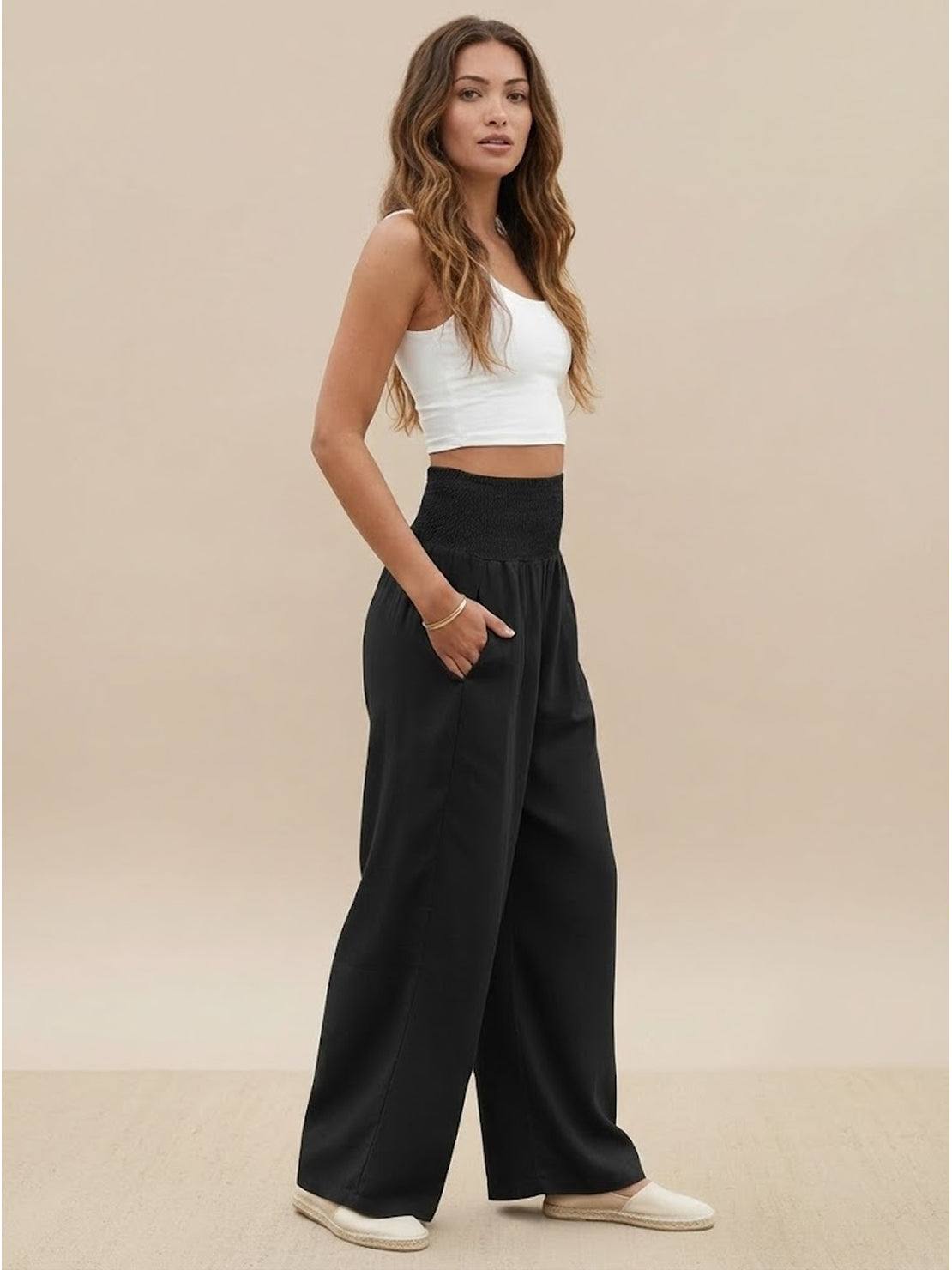 Eliza Wide Leg Trousers with High Waist and Hidden Pockets - Black