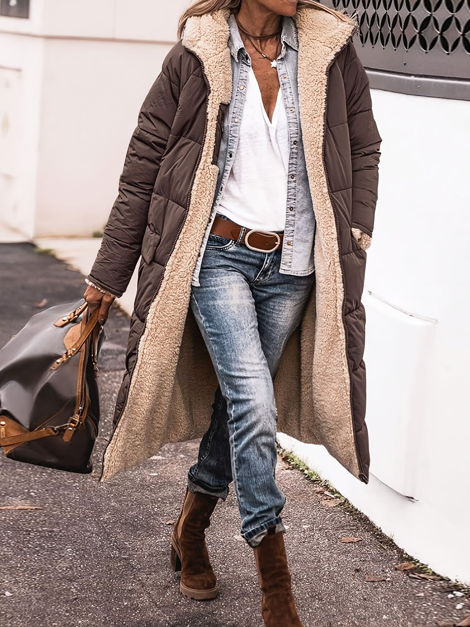 Ellena Long Puffer Coat with Deep Pockets and Channel Quilting - Brown