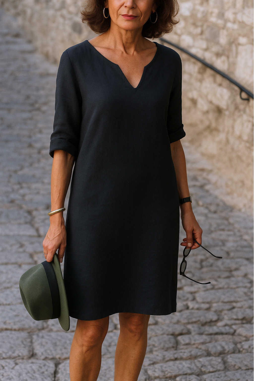 Elvy Notch Neck Dress with Roll-Tab Sleeves and Straight Hem - Black