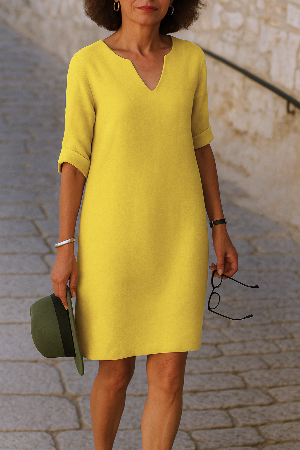 Elvy Notch Neck Dress with Roll-Tab Sleeves and Straight Hem - Yellow