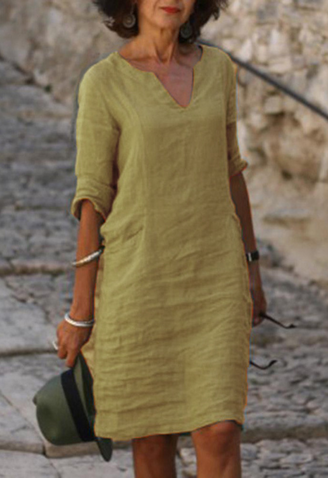 Elvy Notch Neck Dress with Roll-Tab Sleeves and Straight Hem - Olive Green