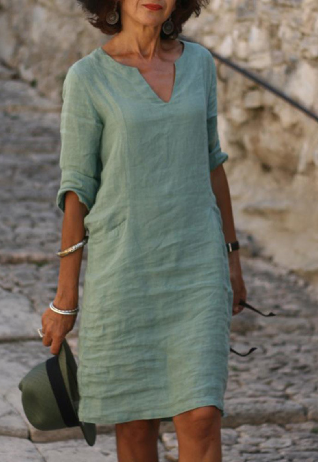 Elvy Notch Neck Dress with Roll-Tab Sleeves and Straight Hem - Light Green