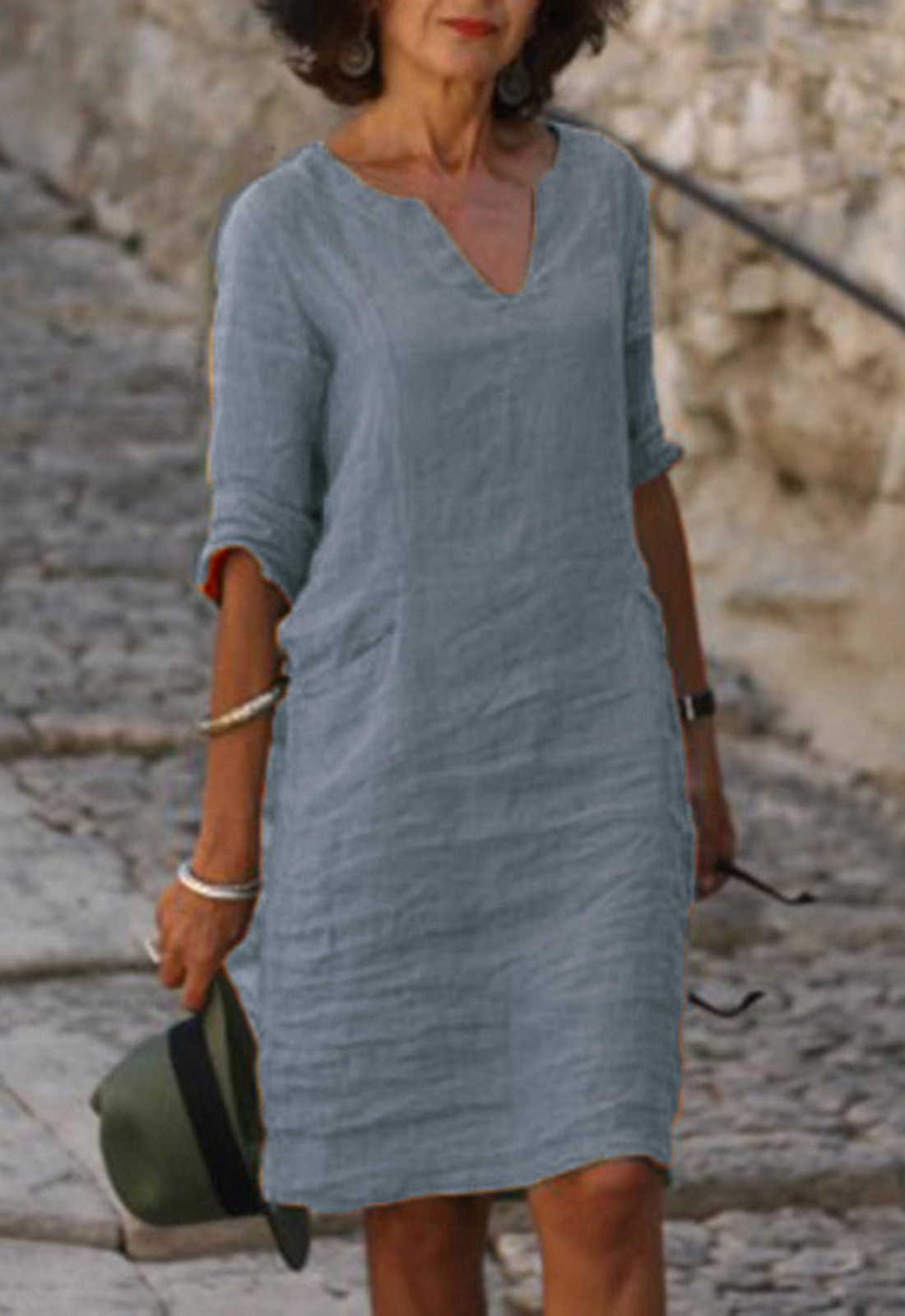 Elvy Notch Neck Dress with Roll-Tab Sleeves and Straight Hem
