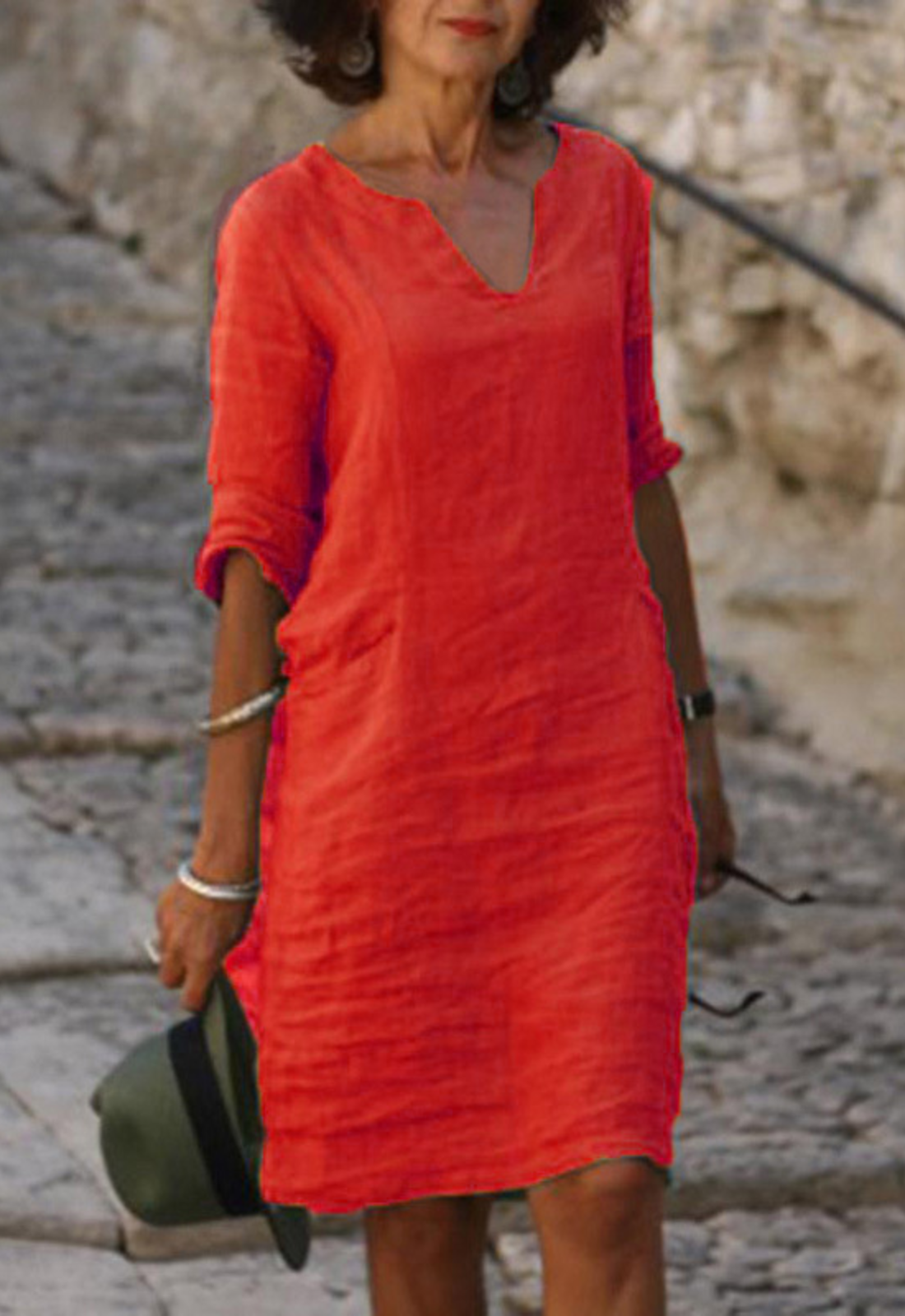 Elvy Notch Neck Dress with Roll-Tab Sleeves and Straight Hem - Red