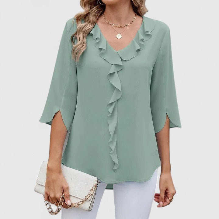 Emilia Chiffon Blouse with Ruffle Trim and Short Sleeves - Green