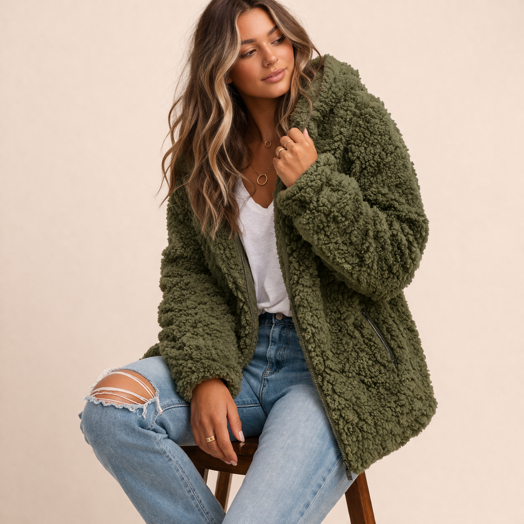 Emily Fuzzy Hooded Coat with Open Front and Side Pockets - Green