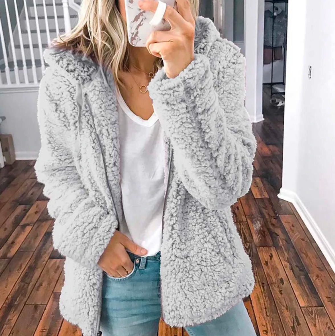 Emily Fuzzy Hooded Coat with Open Front and Side Pockets - Gray
